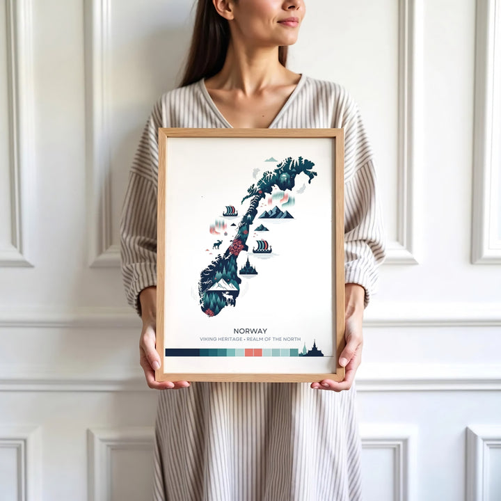 Minimalist graphic map poster of Norway featuring Viking longships, northern lights waves, forest wilderness, and centered heritage text. Designed for home decor, select between lightweight unframed paper prints, solid wood display frames, or gallery wrapped canvas panels.