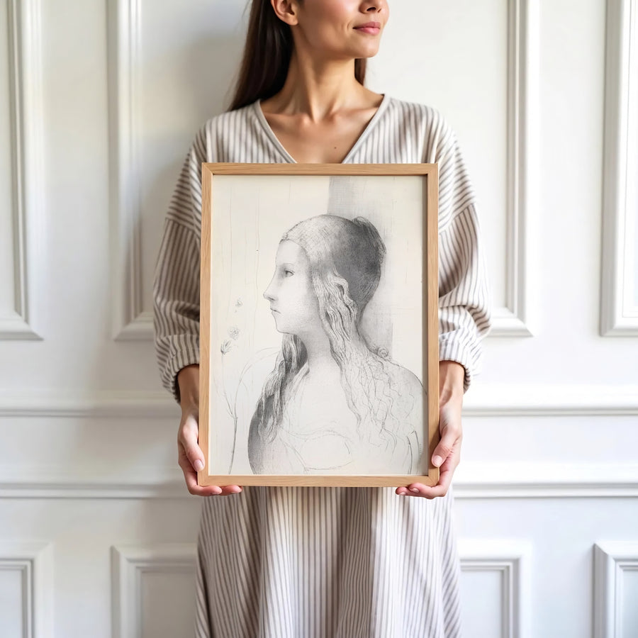 Subtle 1894 pencil-style lithograph of Brünnhilde by Odilon Redon, capturing vintage mythic elegance. Elevate your home interior with options ranging from unframed paper prints to custom glass framing and gallery canvas wraps by MapYourDreams.