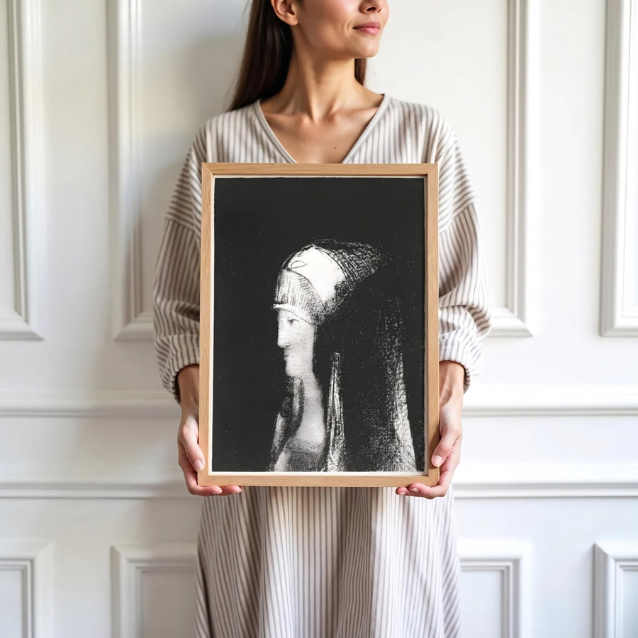 Subtle 1891 pencil and ink style lithograph Druidesse by Odilon Redon, capturing vintage mythic drama. Elevate your home interior with options ranging from unframed paper prints to custom glass framing and gallery canvas wraps by MapYourDreams.