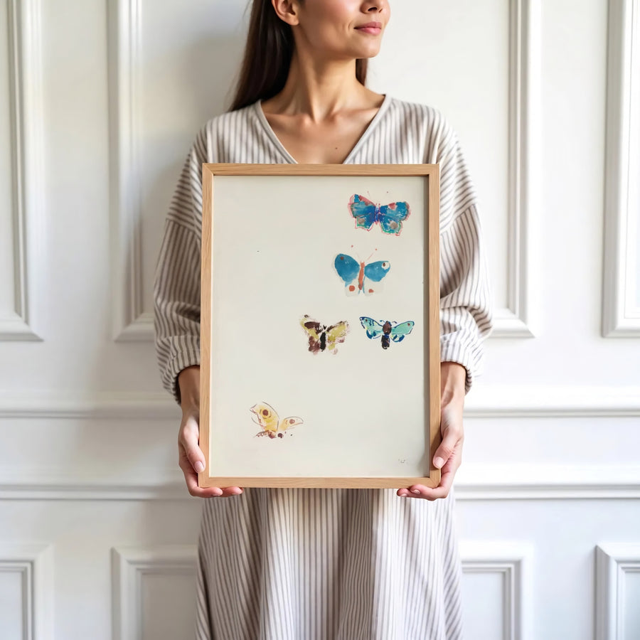 Subtle 1910 watercolor style print of Five Butterflies by Odilon Redon, capturing vintage French artistic elegance. Elevate your home interior with options ranging from unframed paper prints to custom glass framing and gallery canvas wraps by MapYourDreams.