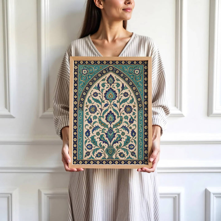 High detail art print depicting Ottoman Iznik tile arch, floral vase, saz leaves, and geometric borders inspired by Istanbul ceramic art. Brought by MapYourDreams, this artwork is available in flexible options including unframed paper, custom wooden frames, and gallery canvas wraps for study room decor.