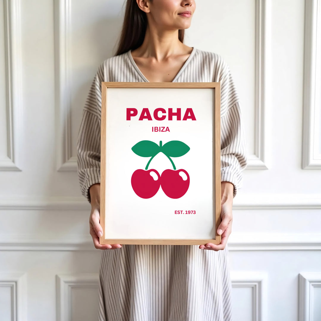 Historic clubbing logo art print featuring red cherries with green leaves for Pacha in Ibiza, Spain, presented by MapYourDreams where users can select unframed paper posters, ready-to-hang canvas decor, or custom framed wall art choices.