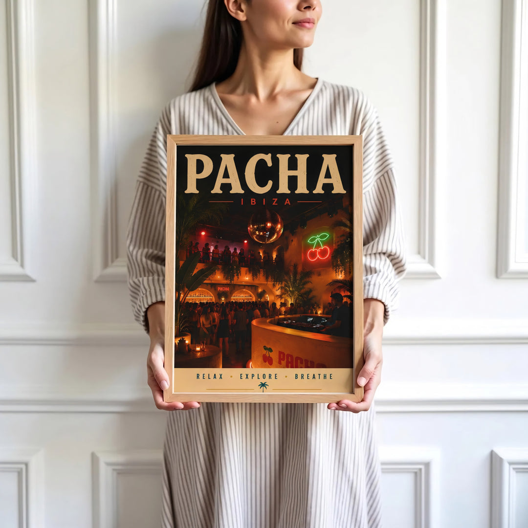 Authentic clubbing venue wall decor print featuring red cherry neon signs and crowds at Pacha in Ibiza, Spain, presented by MapYourDreams where users can select unframed paper posters, ready-to-hang canvas decor, or custom framed wall art choices.