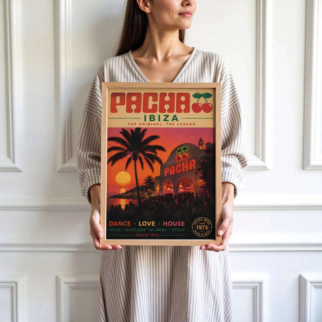 Retro Spanish club landscape print featuring Pacha Ibiza with sunset beach views, glowing cherry signage, and bold retro titles, presented by MapYourDreams as an unframed paper print, gallery canvas, or custom framed decor for living spaces.