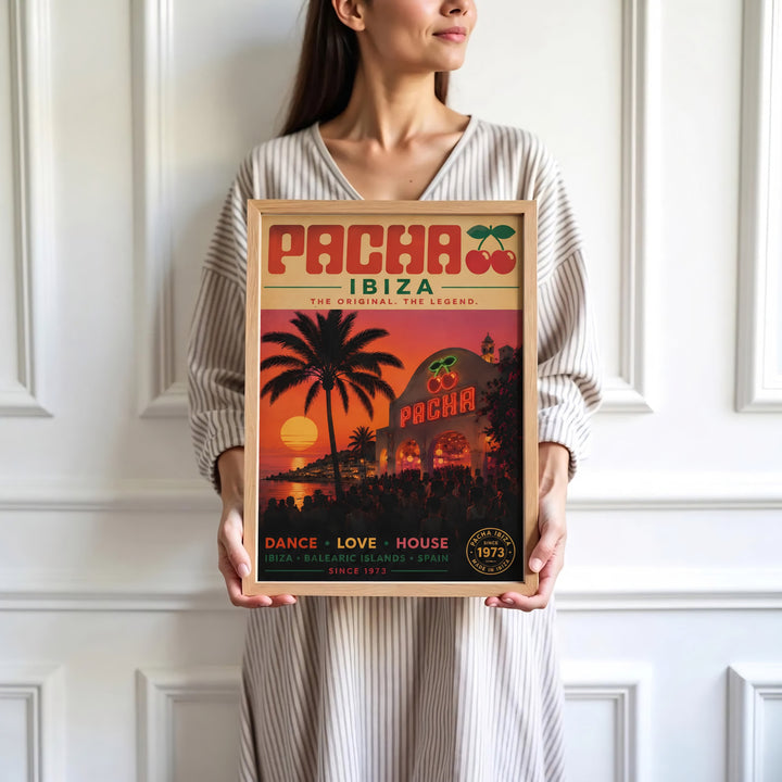Retro Spanish club landscape print featuring Pacha Ibiza with sunset beach views, glowing cherry signage, and bold retro titles, presented by MapYourDreams as an unframed paper print, gallery canvas, or custom framed decor for living spaces.