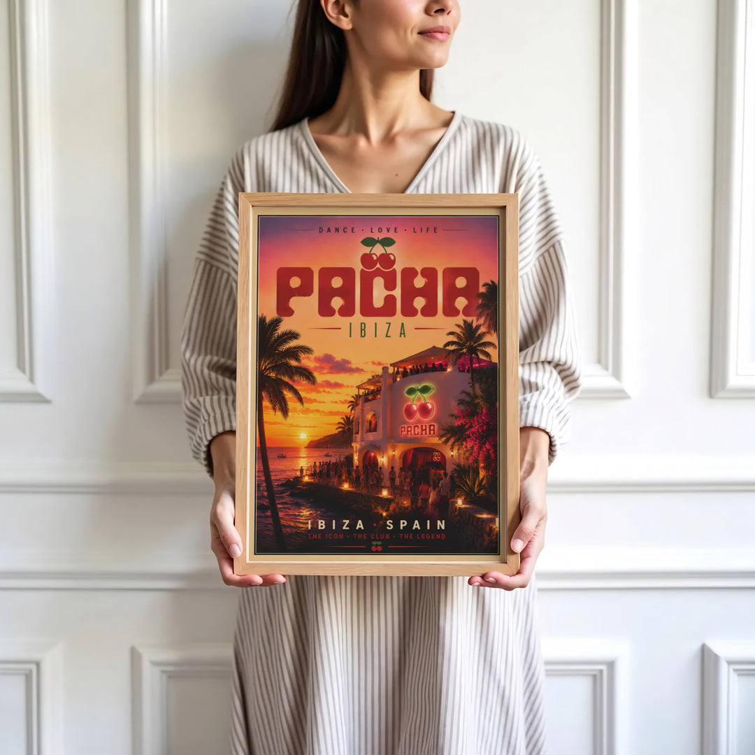Retro Spanish island landscape print featuring Pacha Ibiza with sunset ocean views, glowing neon cherries, and vintage text headers, presented by MapYourDreams as an unframed paper print, gallery canvas, or custom framed decor for lounge spaces.