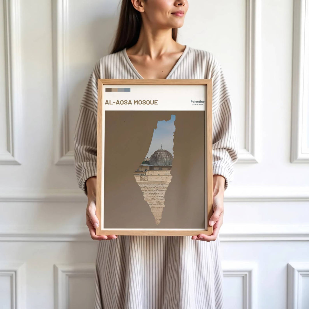 High detail art print depicting Al Aqsa Mosque lead dome and stone masonry framed within Palestine map outline. Brought by MapYourDreams, this artwork is available in flexible options including unframed paper, custom wooden frames, and gallery canvas wraps for study room decor.