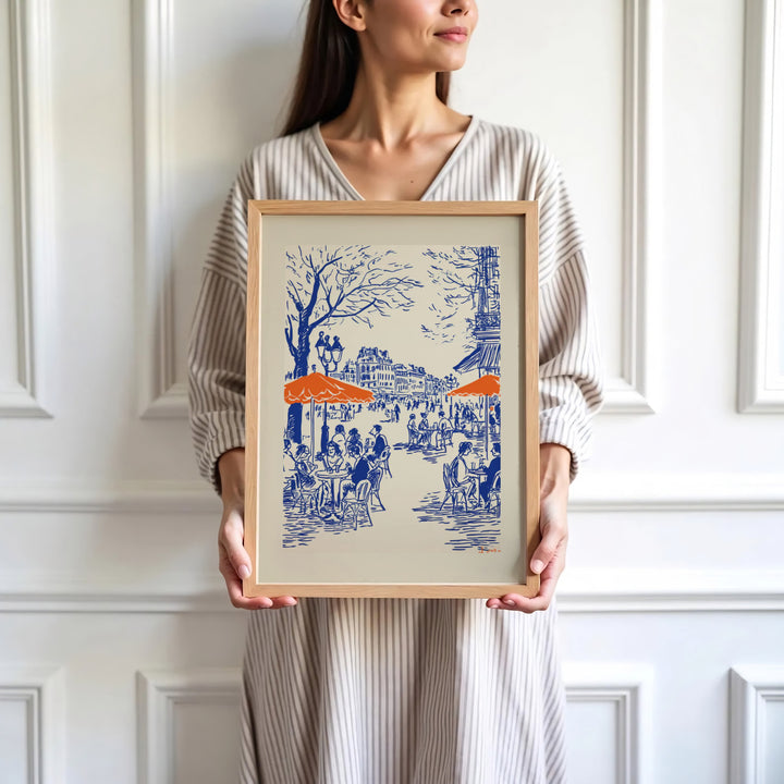 High-definition Parisian coffee shop line drawing print reflecting classic European café culture in Paris France. Order custom framed, unframed, and canvas print options at MapYourDreams.