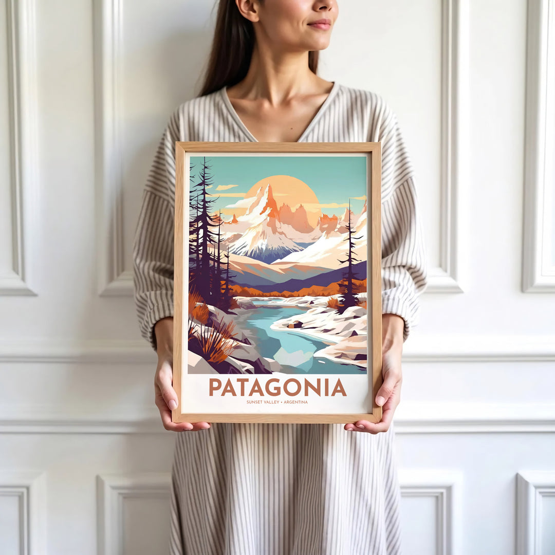Reflecting warm terracotta light over a flowing glacial stream, this Patagonia Mountain wall art captures Mount Fitz Roy&
