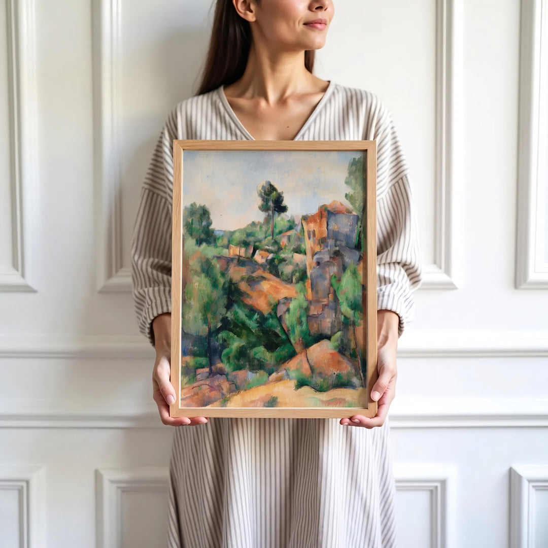 High-definition European nature print of Paul Cezanne Bibemus Quarry 1895 portraying a sunlit rock quarry in Aix-en-Provence France. Order custom framed wall art, unframed poster prints, and stretched gallery canvas formats directly at MapYourDreams.