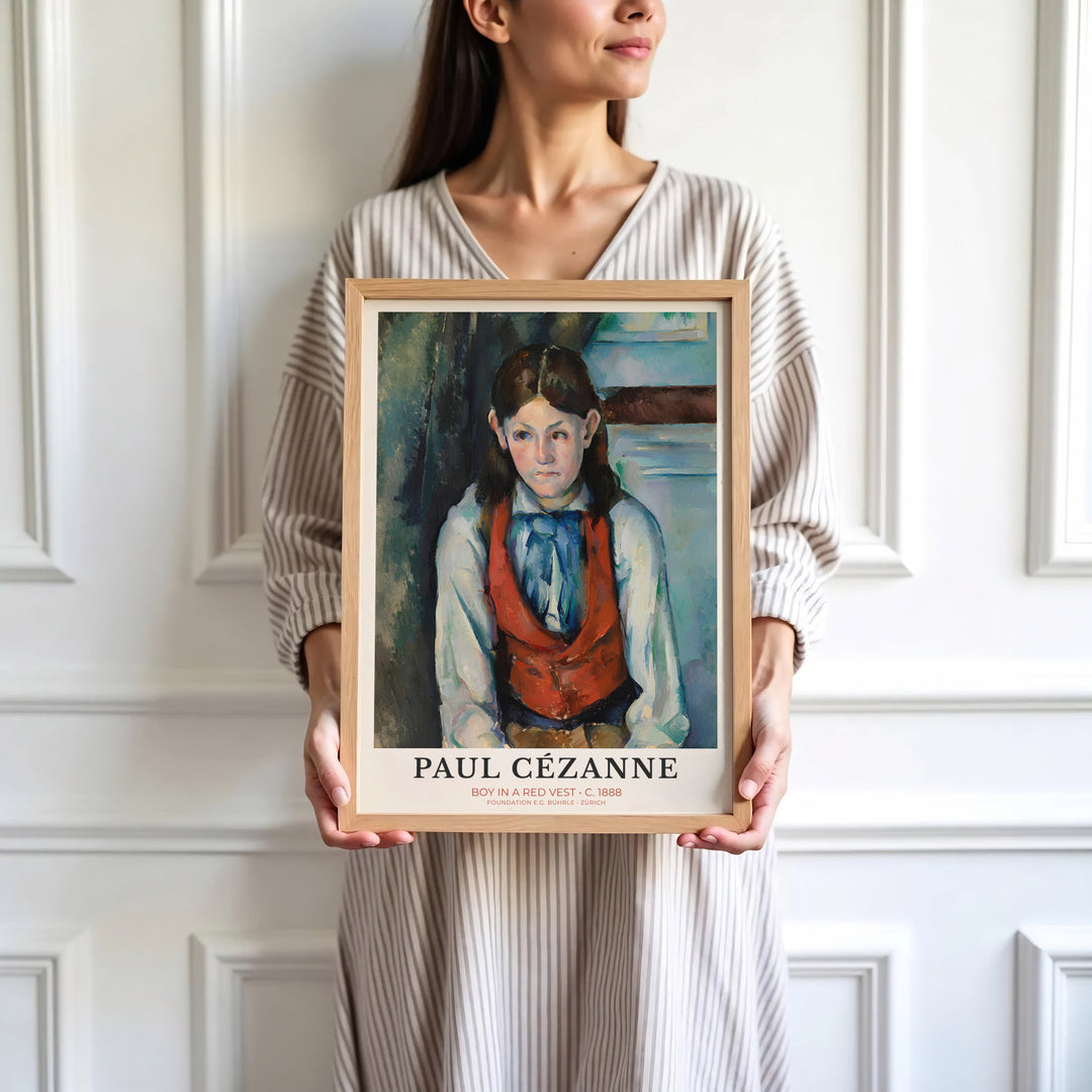 High-definition European portrait print of Paul Cezanne Boy In Red Vest 1888 portraying a young model in Paris France with typography. Order custom framed wall art, unframed poster prints, and stretched gallery canvas formats directly at MapYourDreams.