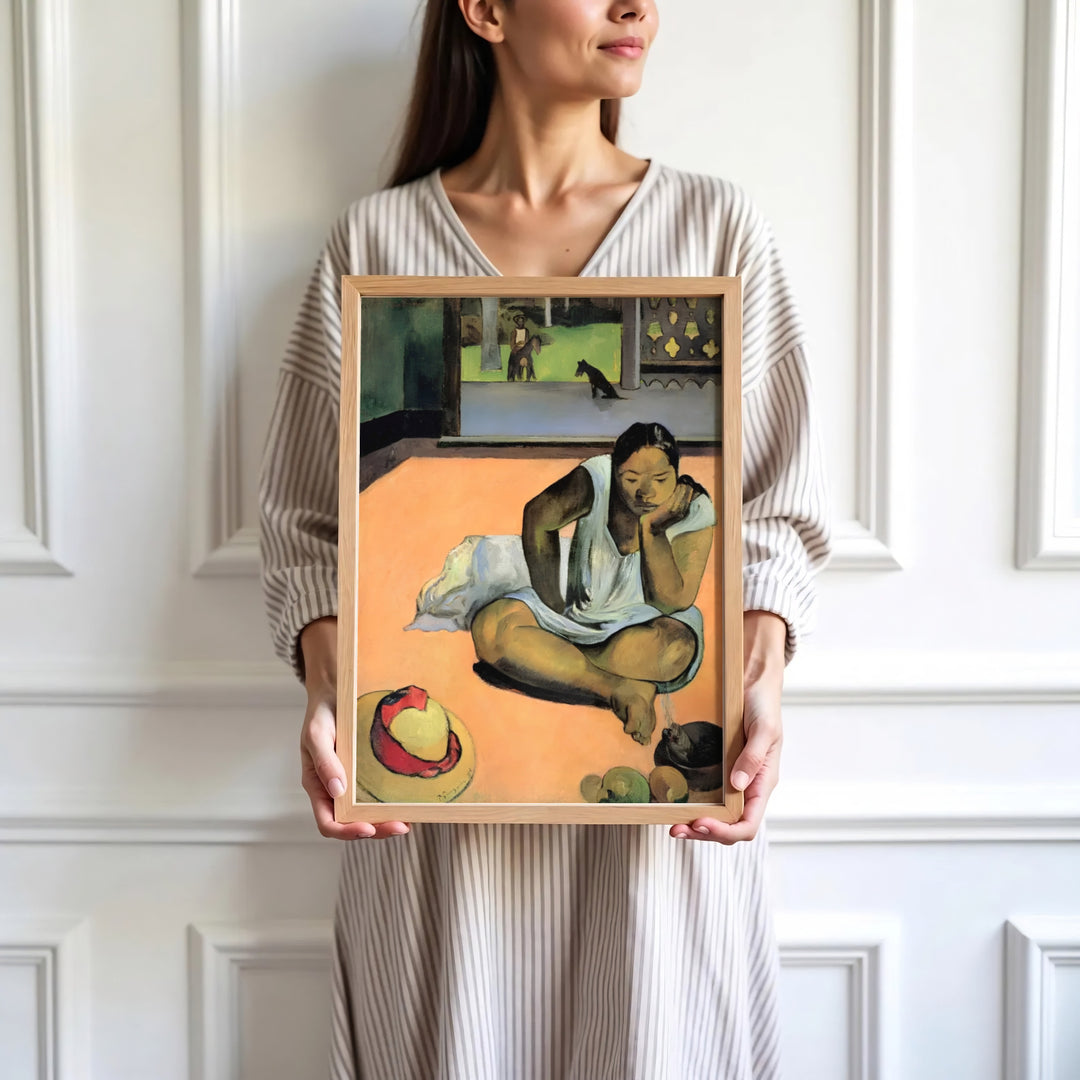 High-definition European tropical print of Paul Gauguin Brooding Woman Te Faaturuma 1891 portraying island life in Tahiti French Polynesia. Order custom framed wall art, unframed poster prints, and stretched gallery canvas formats directly at MapYourDreams.