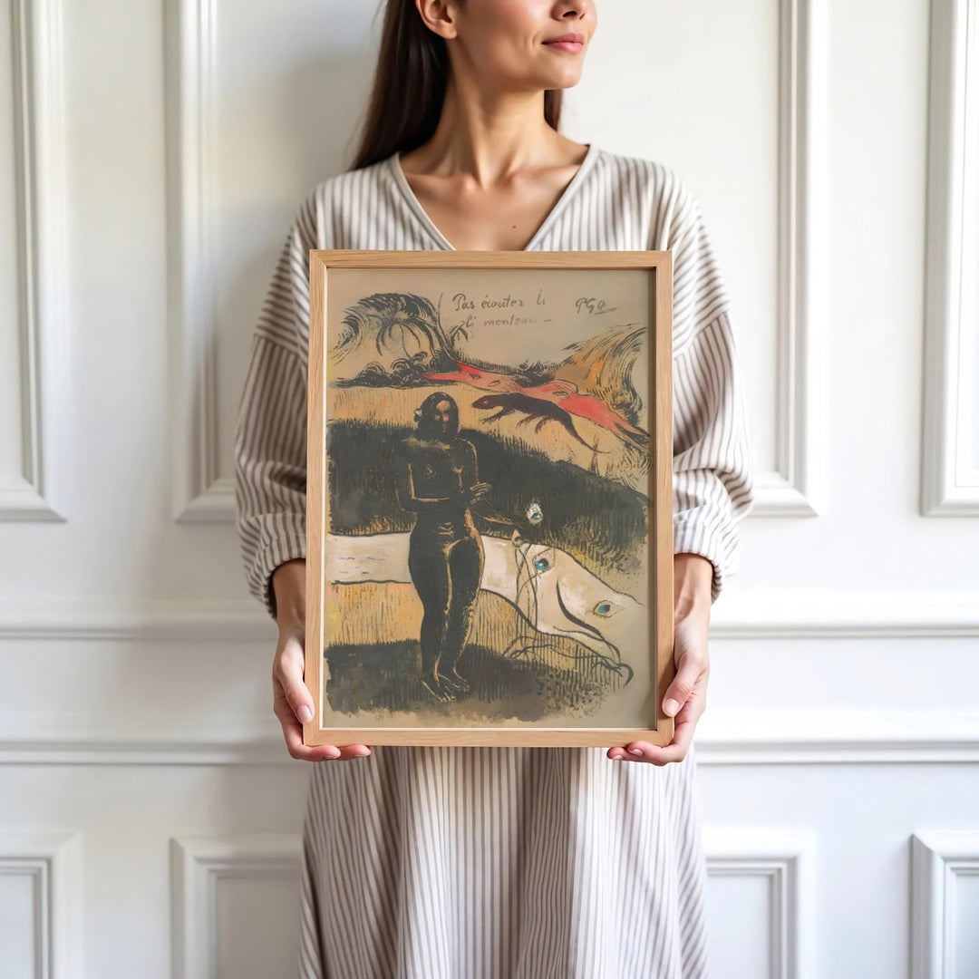 High-definition historical woodcut print of Paul Gauguin Delightful Land Nave Nave Fenua 1894 portraying rare block print artwork in Tahiti, French Polynesia. Order custom framed wall art, unframed poster prints, and stretched gallery canvas formats directly at MapYourDreams.