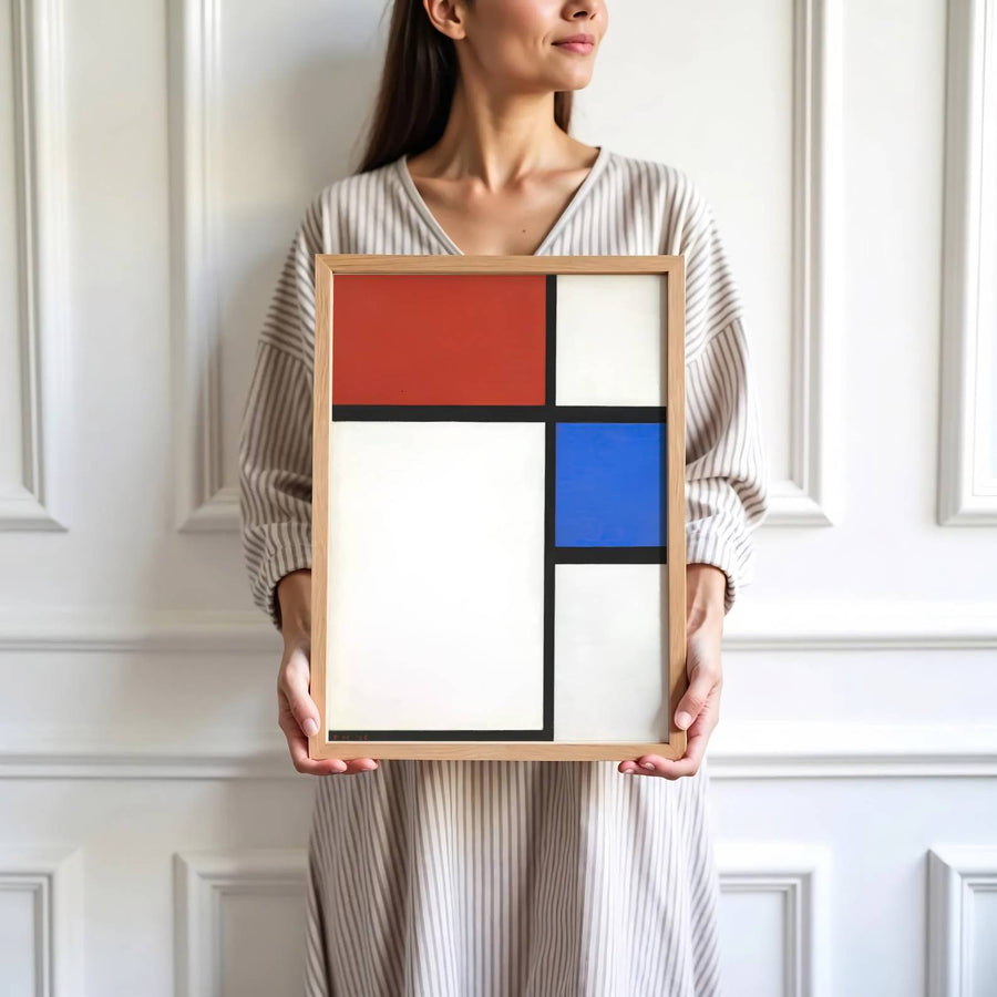 Characterized by a vibrant upper red rectangle, a balanced blue square, and expansive planes of pristine white, this Piet Mondrian Composition No II With Red And Blue 1929 poster captures the revolutionary abstract vision of the legendary De Stijl movement. Art lovers can acquire this striking wall art through MapYourDreams, where it comes in versatile formats such as delicate matte art prints, durable framed posters, and ready-to-hang canvas wraps.