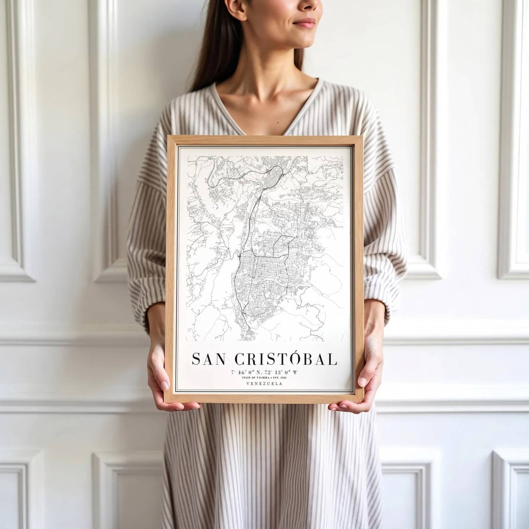 Saturated black ink map print showing the street grid and river contours of San Cristóbal in Táchira state, Venezuela. Skillfully produced by MapYourDreams, this artwork is provided in multiple formats including unframed paper stock, custom frames, or stretched canvas wraps.