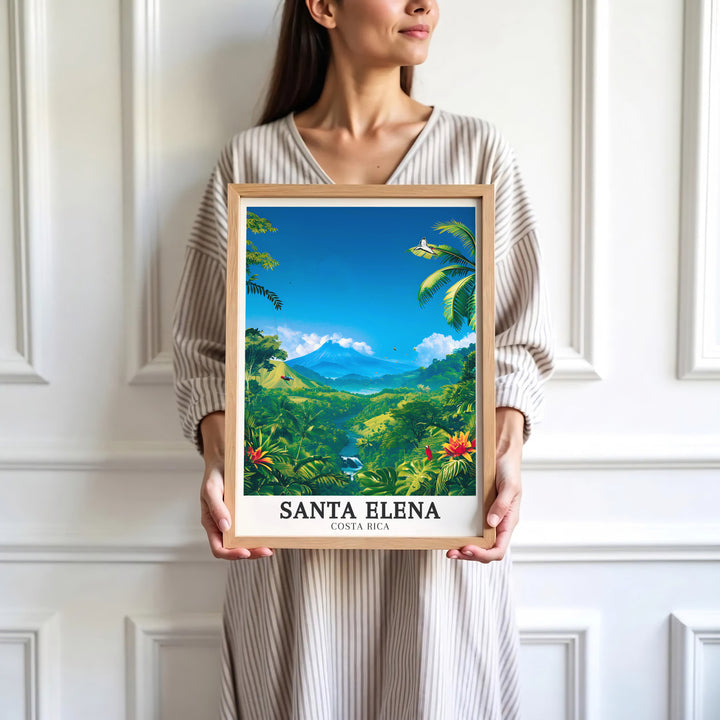 Exotic Costa Rica nature art featuring Santa Elena Cloud forest, rivers, and Arenal Volcano shines in this wall print. Order custom framed, unframed, and canvas options at MapYourDreams for an elegant accent.