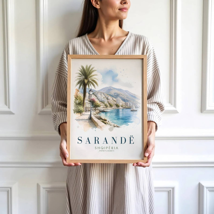 Vibrant palm foliage and charming white resort architecture define the tourist paradise of Sarandë along the southern Albanian Riviera. MapYourDreams produces this image in unframed paper, custom wooden frames, and stretched canvas options.