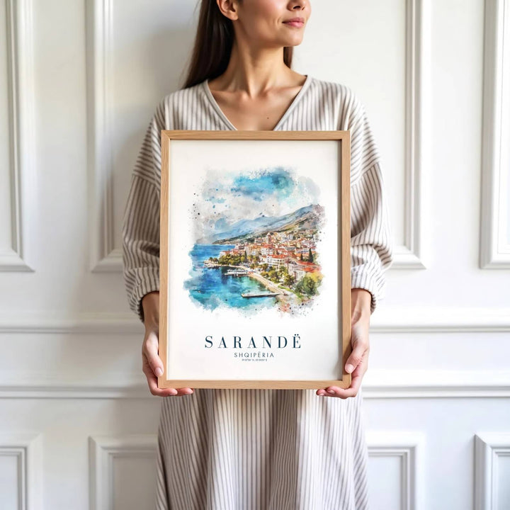 Vibrant terracotta roofs and charming white resort architecture define the coastal tourist paradise of Sarandë along the southern Albanian Riviera. MapYourDreams produces this image in unframed paper, custom wooden frames, and stretched canvas options.