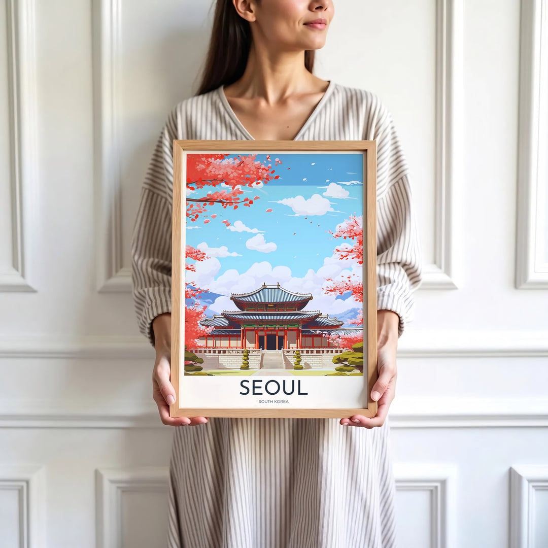 Minimalist white-bordered travel print of Gyeongbokgung Palace in Seoul, South Korea, highlighting traditional wooden architecture, stone staircases, and spring cherry blossoms. Offered by MapYourDreams, this artwork is available in flexible options including unframed paper, custom wooden frames, and gallery canvas wraps.