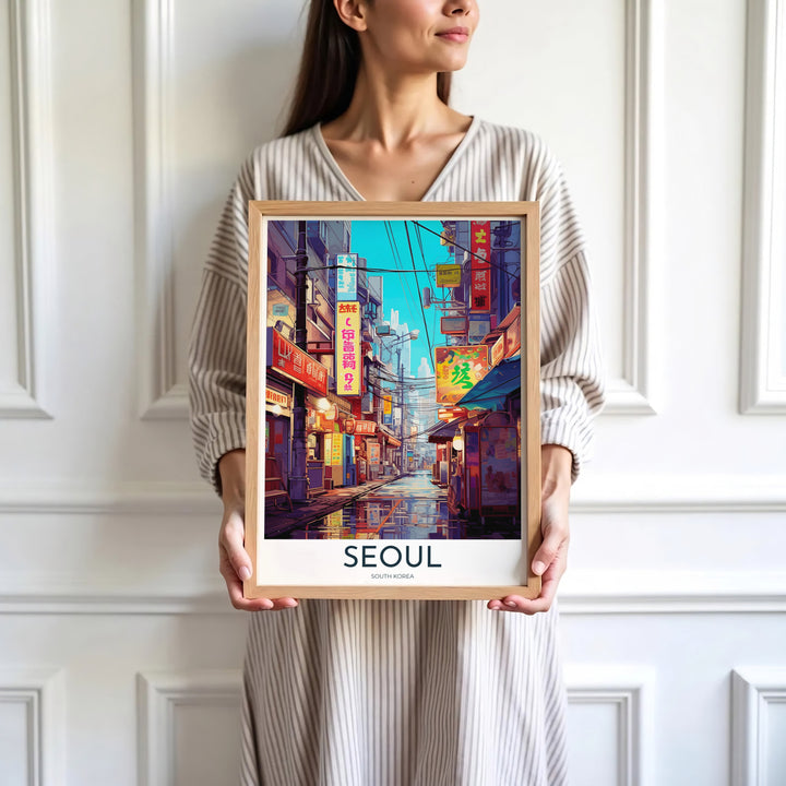Minimalist white-bordered travel print of an anime street in Seoul, South Korea, highlighting glowing red signboard typography, wet street reflections, and a turquoise twilight sky. Offered by MapYourDreams, this artwork is available in flexible options including unframed paper, custom wooden frames, and gallery canvas wraps.