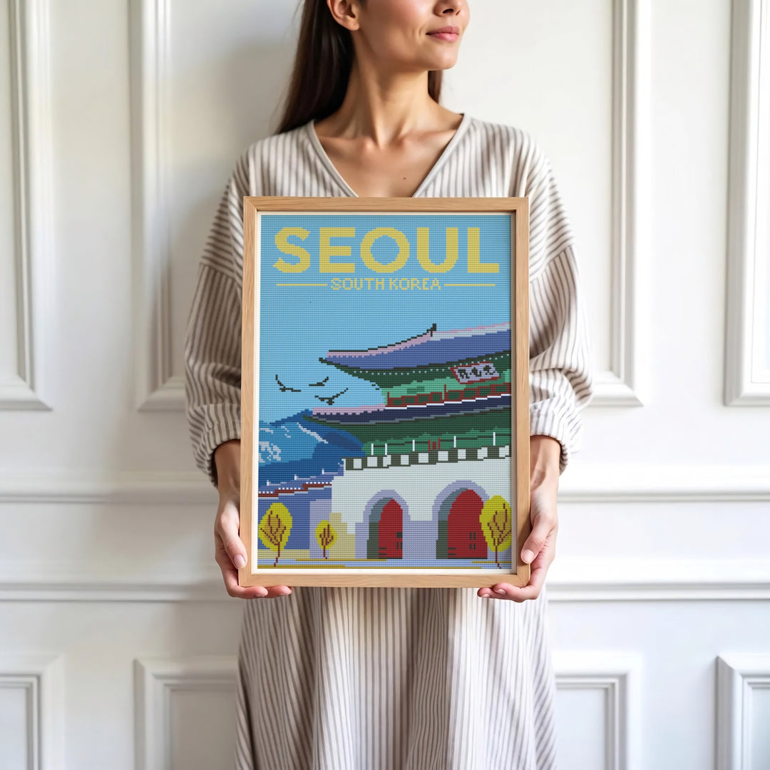 Minimalist white-bordered travel print of Seoul, South Korea, highlighting Gwanghwamun Gate&