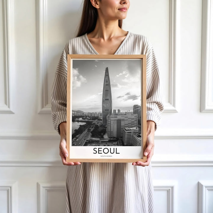 Sleek grayscale cityscape photography poster capturing the cosmopolitan beauty of Seoul South Korea, available at MapYourDreams with varied choices including unframed art prints, custom frames, and wrapped canvas designed to serve as a stunning focal piece across any modern home room.