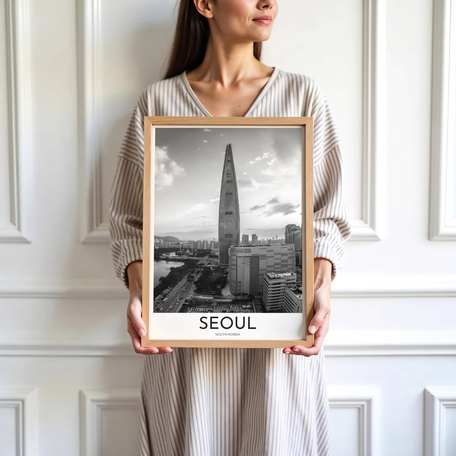 Sleek grayscale cityscape photography poster capturing the cosmopolitan beauty of Seoul South Korea, available at MapYourDreams with varied choices including unframed art prints, custom frames, and wrapped canvas designed to serve as a stunning focal piece across any modern home room.