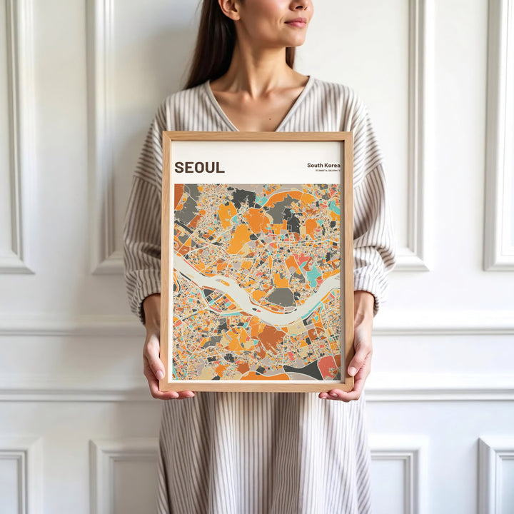 Sleek beige and orange city map poster capturing the geographic spirit of Seoul, South Korea, available at MapYourDreams with varied choices including unframed art prints, custom frames, and wrapped canvas designed to elevate any modern interior setting.