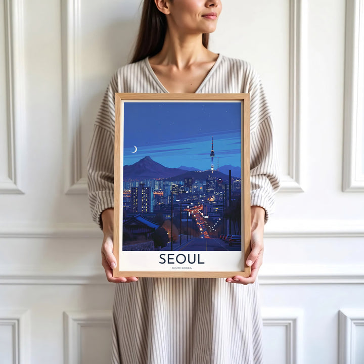 Sleek dark blue city art poster capturing the nocturnal spirit of Seoul South Korea and N Seoul Tower, available at MapYourDreams with varied choices including unframed art prints, custom frames, and wrapped canvas designed to elevate any modern interior setting.