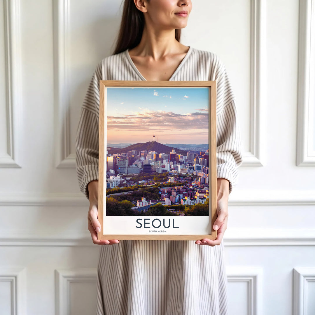 Sleek twilight panorama poster capturing the peaceful sunset spirit of Seoul South Korea and N Seoul Tower, available at MapYourDreams with varied choices including unframed art prints, custom frames, and wrapped canvas designed to elevate any modern interior setting.
