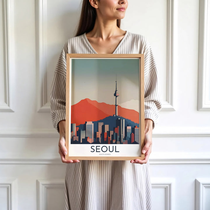 Sleek graphic city poster capturing the minimalist spirit of Seoul South Korea and N Seoul Tower, available at MapYourDreams with varied choices including unframed art prints, custom frames, and wrapped canvas designed to elevate any modern interior setting.