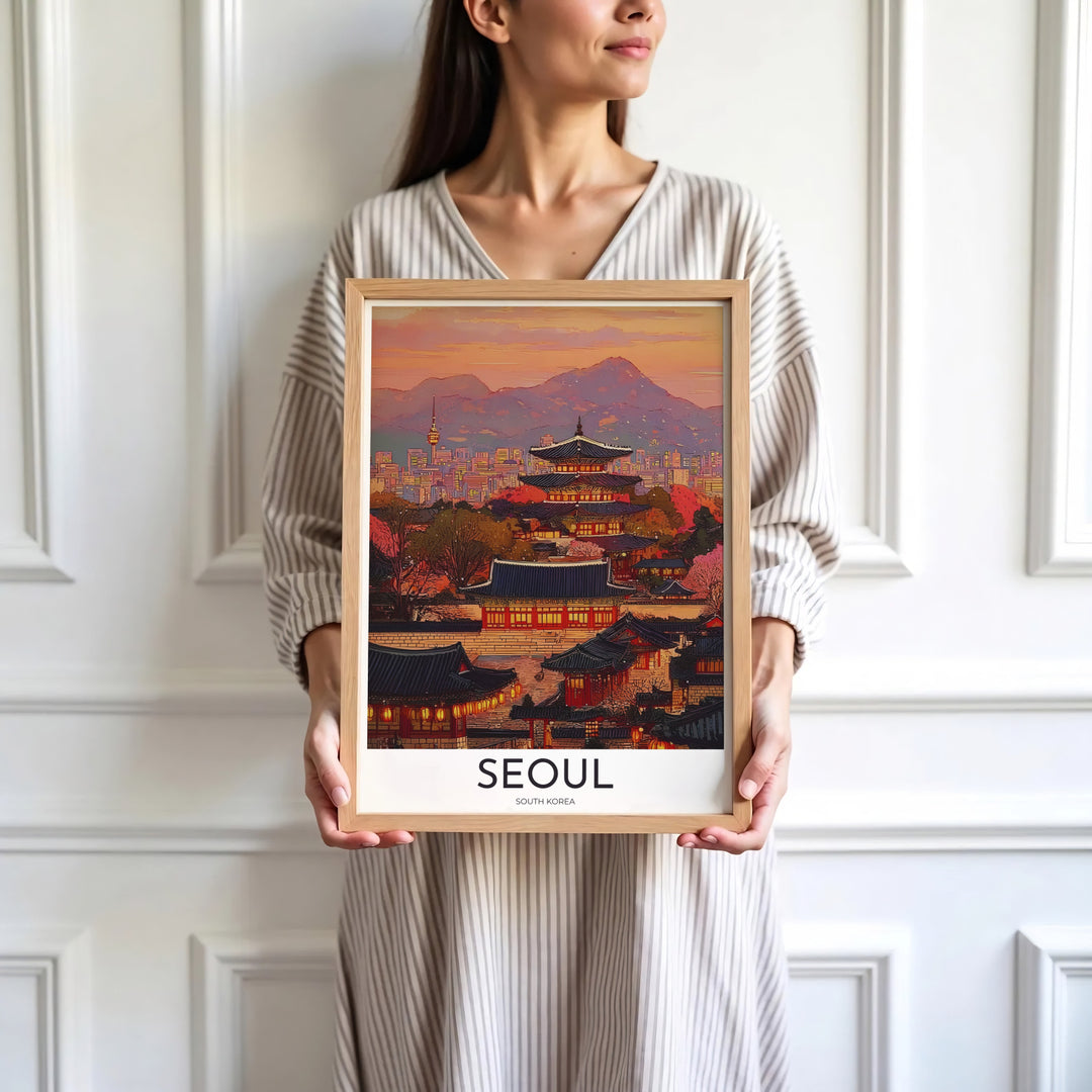 Sleek evening palace poster capturing the peaceful heritage spirit of Seoul South Korea and N Seoul Tower, available at MapYourDreams with varied choices including unframed art prints, custom frames, and wrapped canvas designed to elevate any modern interior setting.