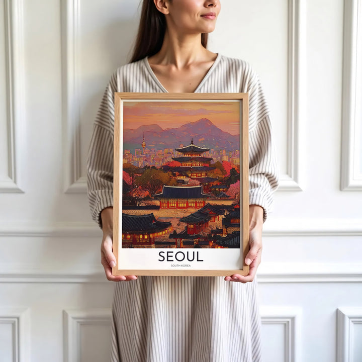 Sleek evening palace poster capturing the peaceful heritage spirit of Seoul South Korea and N Seoul Tower, available at MapYourDreams with varied choices including unframed art prints, custom frames, and wrapped canvas designed to elevate any modern interior setting.