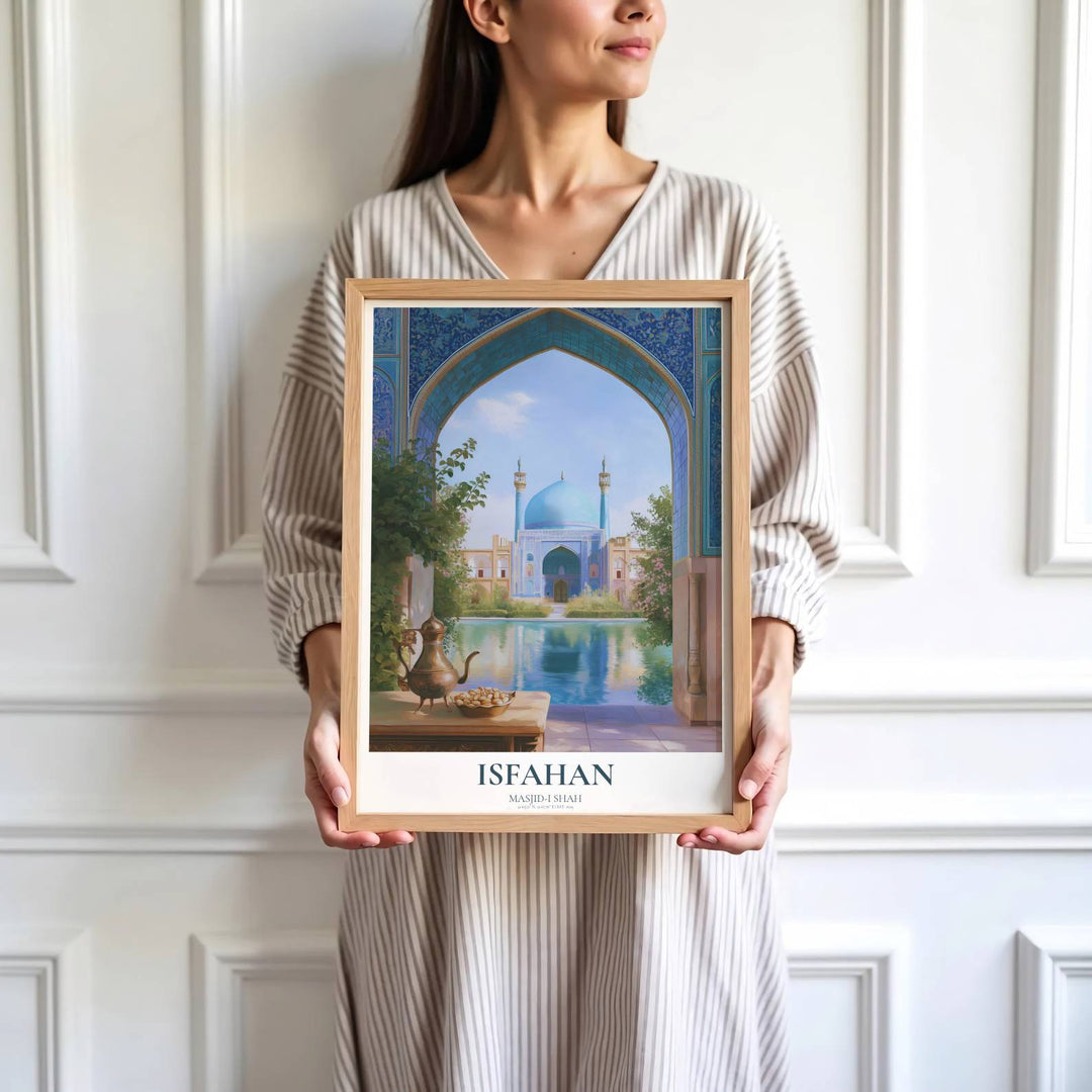 High detail architectural print depicting Shah Mosque minarets, turquoise dome, archways, and water reflections in Isfahan Iran. Brought by MapYourDreams, this artwork is available in flexible options including unframed paper, custom wooden frames, and gallery canvas wraps for study room decor.