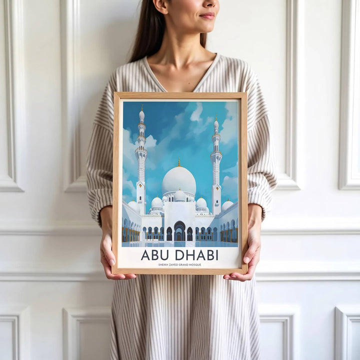 High detail graphic print depicting Sheikh Zayed Grand Mosque minarets, central dome, colonnades, and reflecting pools in Abu Dhabi. Brought by MapYourDreams, this artwork is available in flexible options including unframed paper, custom wooden frames, and gallery canvas wraps for study room decor.