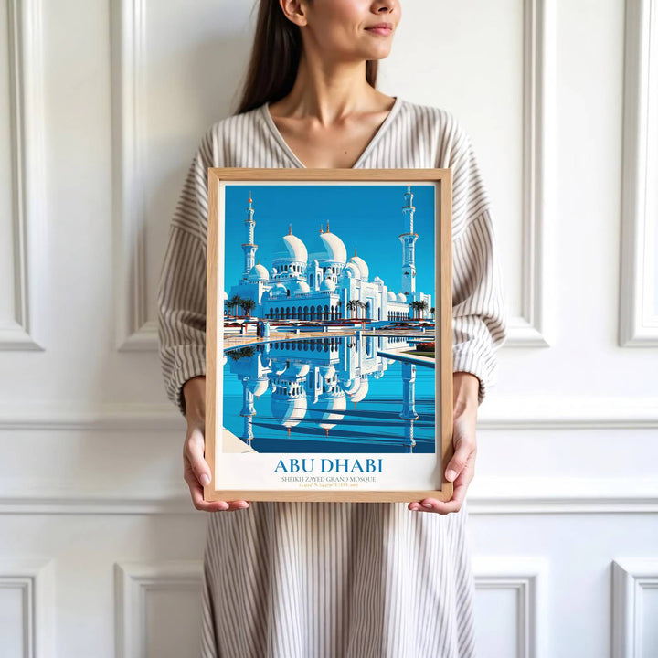 High detail graphic print depicting Sheikh Zayed Grand Mosque minarets, white domes, colonnades, and blue water pool reflections in Abu Dhabi. Brought by MapYourDreams, this artwork is available in flexible options including unframed paper, custom wooden frames, and gallery canvas wraps for study room decor.