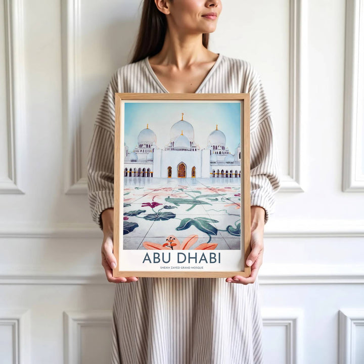 High detail watercolor print depicting Sheikh Zayed Grand Mosque white domes, golden archways, and marble floor floral artwork in Abu Dhabi. Brought by MapYourDreams, this artwork is available in flexible options including unframed paper, custom wooden frames, and gallery canvas wraps for study room decor.