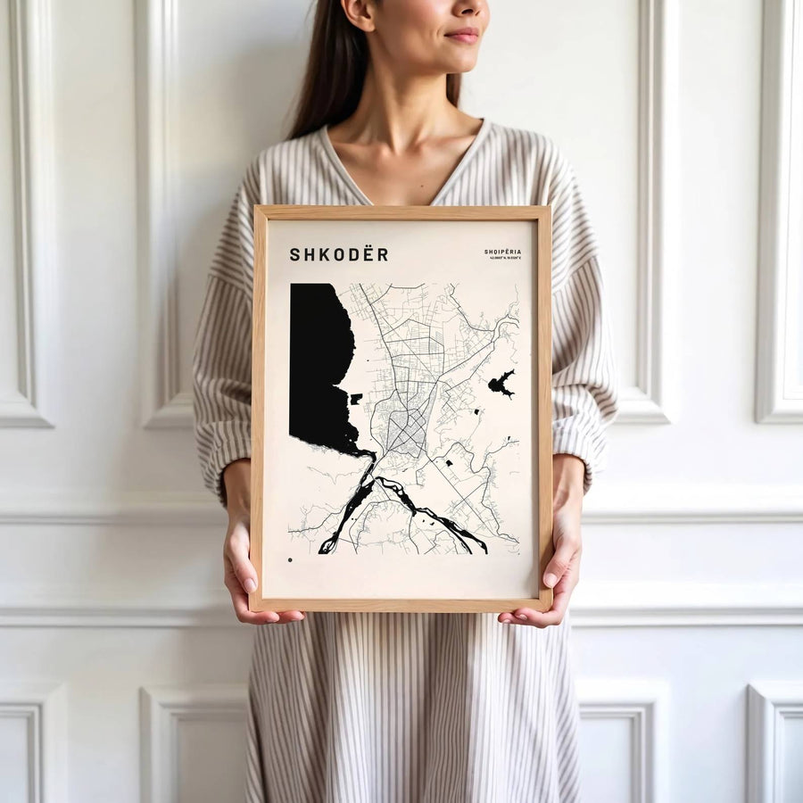 High-contrast hydrology cartography celebrates northwestern Albania’s Shkodër water bodies, making it a thoughtful gift for travel lovers and locals alike. MapYourDreams makes this available in unframed paper, custom framed styles, and gallery canvas wraps.