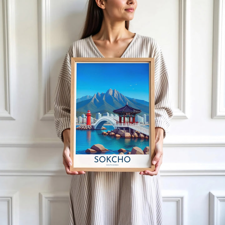 Sleek seaside city poster capturing the refreshing coastal spirit of Sokcho South Korea and Yeonggeumjeong, available at MapYourDreams with varied choices including unframed art prints, custom frames, and wrapped canvas designed to elevate any modern interior setting.