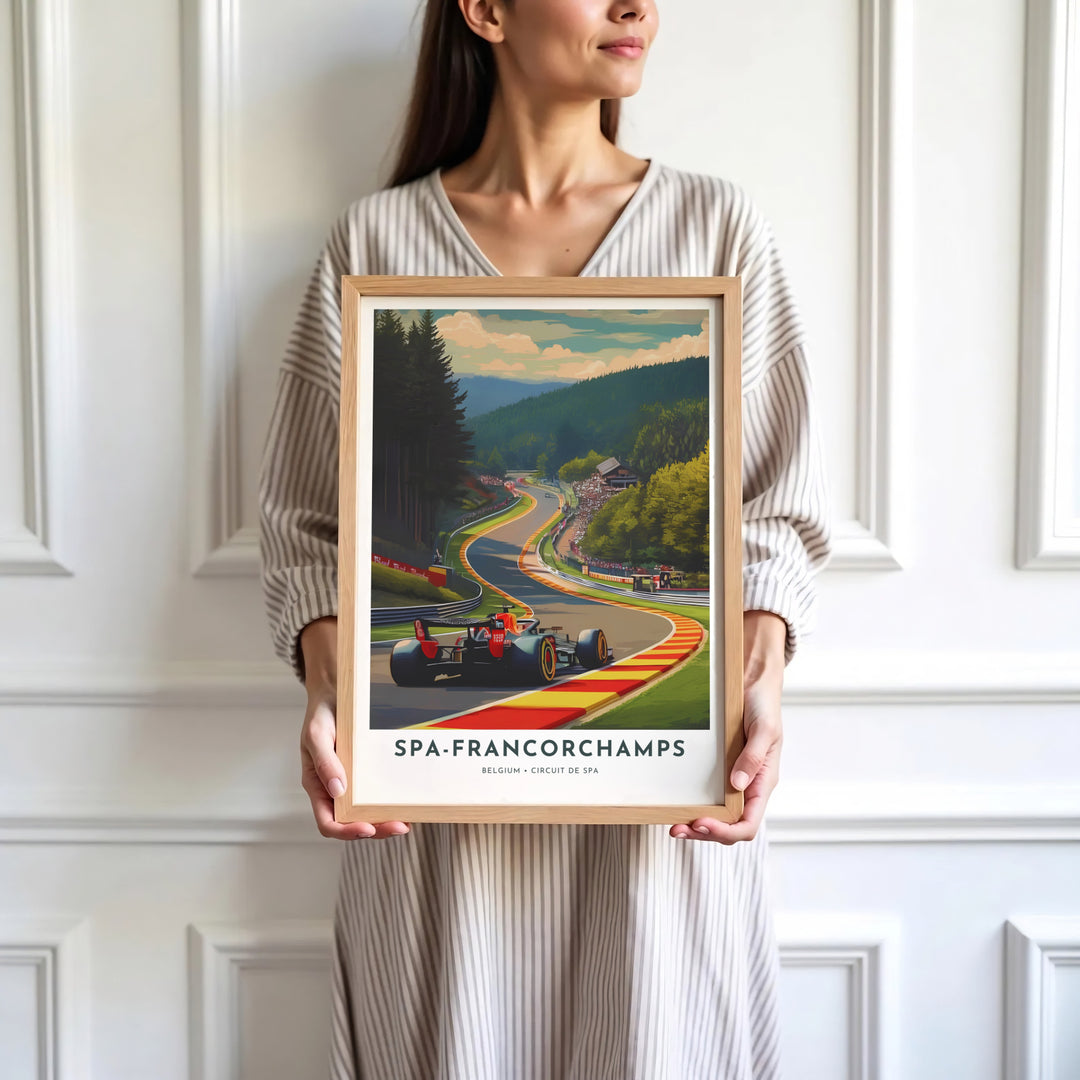 Beautiful scenic view of the Belgian Ardennes meeting the thrill of speed at Circuit de Spa-Francorchamps. Offered by MapYourDreams, this artwork is available in flexible options including unframed paper, custom wooden frames, and gallery canvas wraps.