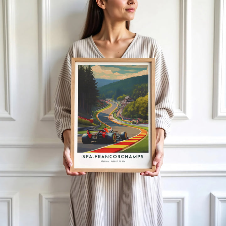 Beautiful scenic view of the Belgian Ardennes meeting the thrill of speed at Circuit de Spa-Francorchamps. Offered by MapYourDreams, this artwork is available in flexible options including unframed paper, custom wooden frames, and gallery canvas wraps.
