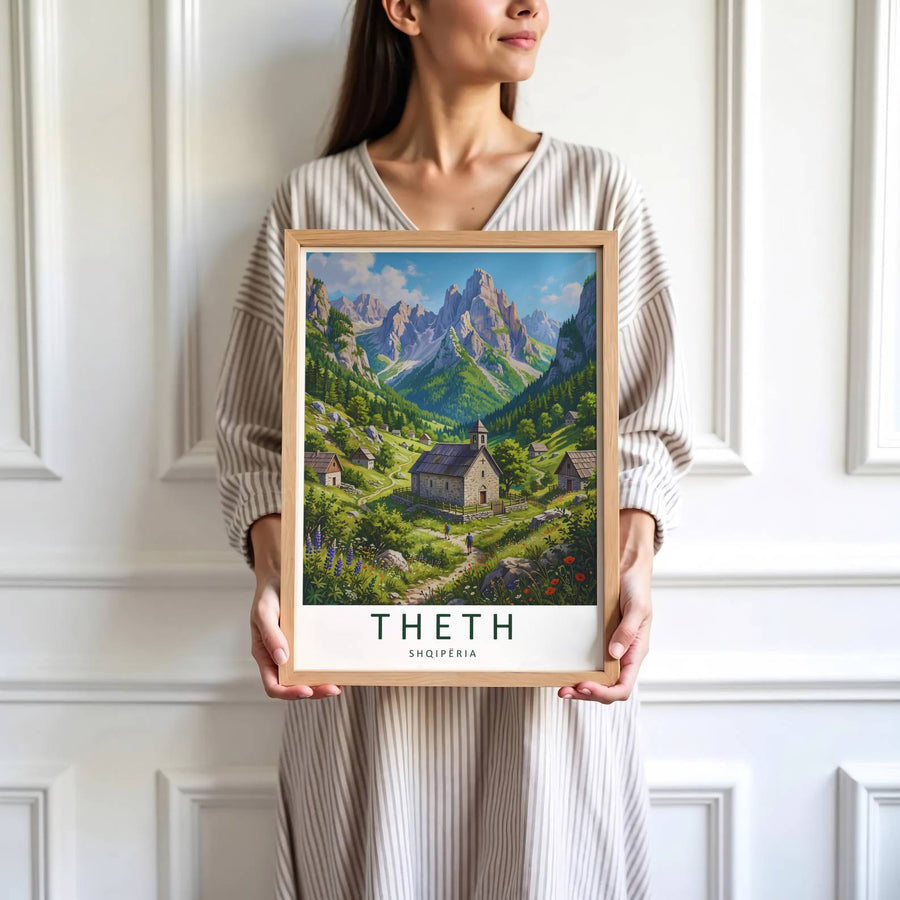 Vibrant wildflowers and historic stone architecture define the highland tourist paradise of Theth nestled deep within the Albanian Alps. MapYourDreams produces this image in unframed paper, custom wooden frames, and stretched canvas options.
