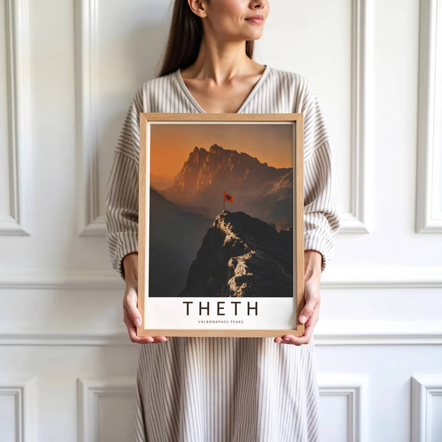 Vibrant flag colors and towering limestone peaks define the highland tourist paradise of Valbona Pass nestled deep within the Albanian Alps. MapYourDreams produces this image in unframed paper, custom wooden frames, and stretched canvas options.
