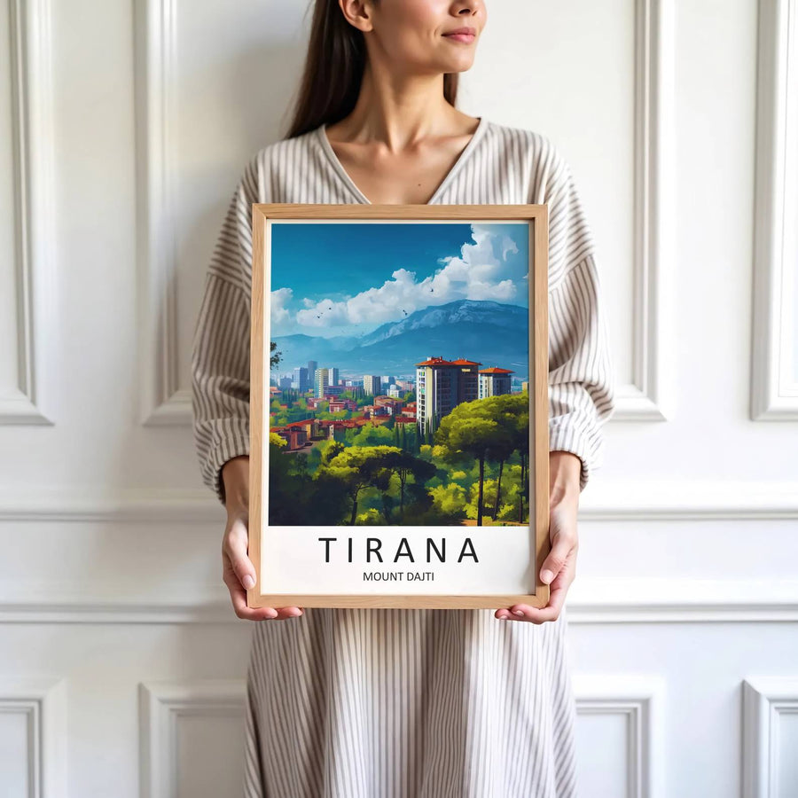 Vibrant green park canopies and calm urban plazas define the historic tourist center of Tirana in central Albania. MapYourDreams produces this image in unframed paper, custom wooden frames, and stretched canvas options.