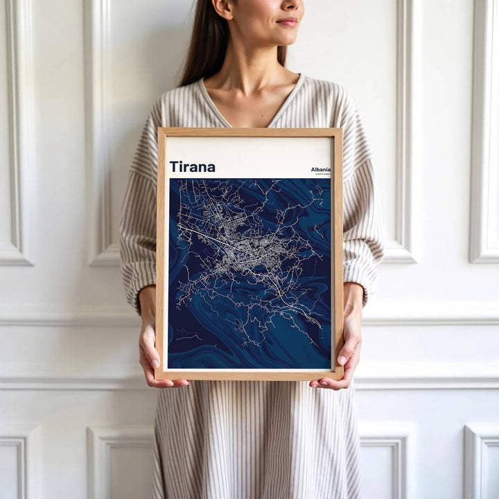 High-contrast navy marble cartography celebrates Albania’s capital city, making it a thoughtful gift for travel lovers, urban planners, and locals alike. MapYourDreams makes this available in unframed paper, custom framed styles, and gallery canvas wraps.