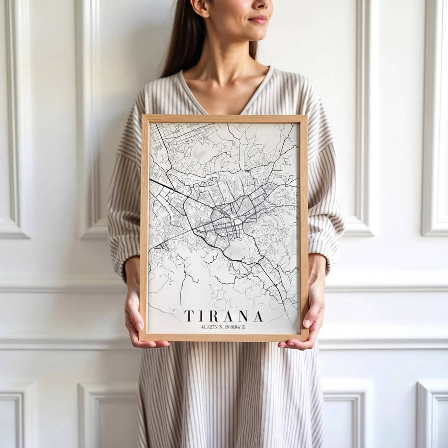 High-contrast monochrome cartography celebrates Albania’s capital city, making it a thoughtful gift for travel lovers, urban planners, and locals alike. MapYourDreams makes this available in unframed paper, custom framed styles, and gallery canvas wraps.