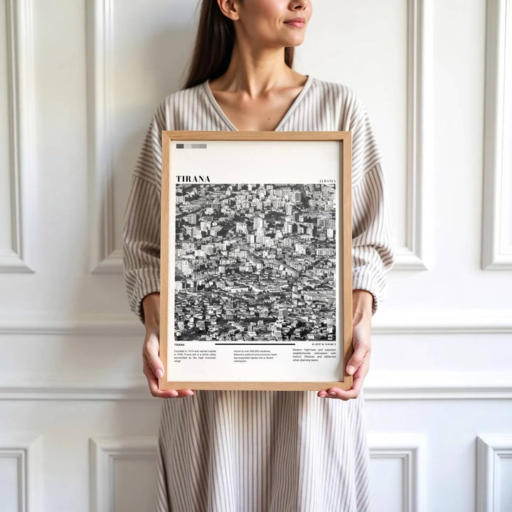Vibrant rooftop patterns and contemporary architectural developments define the bustling hub of Tirana in central Albania through atmospheric Black &amp; White photography. MapYourDreams produces this image in unframed paper, custom wooden frames, and stretched canvas options.
