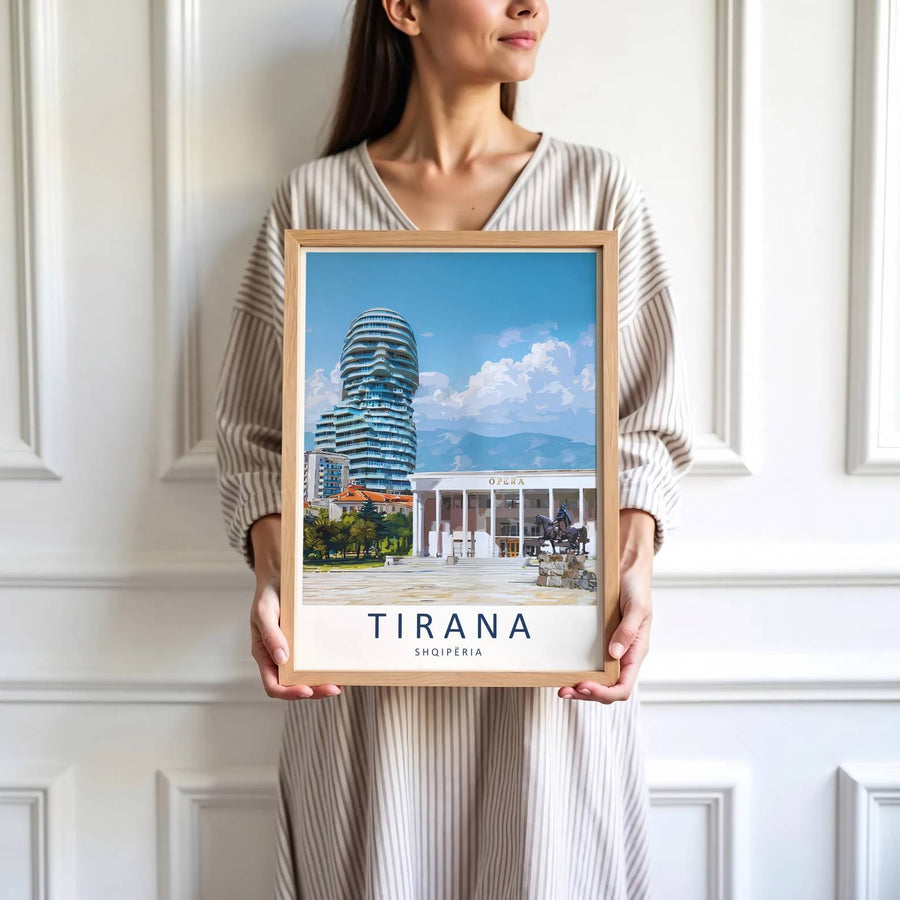Vibrant stone plazas and calm urban squares define the historic tourist center of Tirana in central Albania. MapYourDreams produces this image in unframed paper, custom wooden frames, and stretched canvas options.