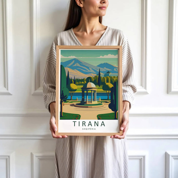 Vibrant green park lawns and calm lake waters define the historic recreation center of Tirana in central Albania. MapYourDreams produces this image in unframed paper, custom wooden frames, and stretched canvas options.