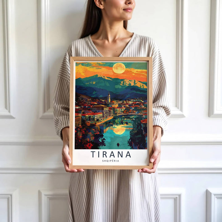 Vibrant building colors and calm twilight squares define the historic tourist center of Tirana in central Albania during golden hour. MapYourDreams produces this image in unframed paper, custom wooden frames, and stretched canvas options.